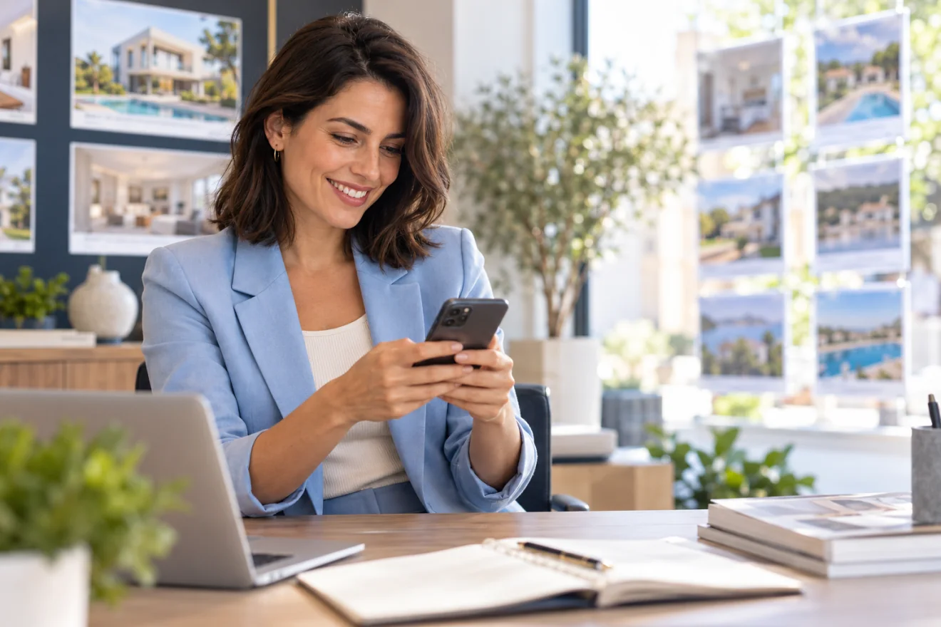 Un’agente immobiliare consulta il telefono nel suo ufficio